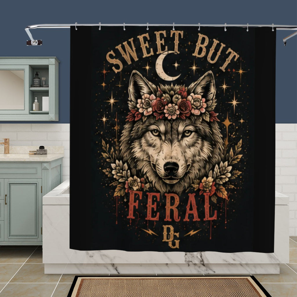 Sandy Beach bathroom decor shower curtain with ocean wave design hanging in a modern bathroom setting.