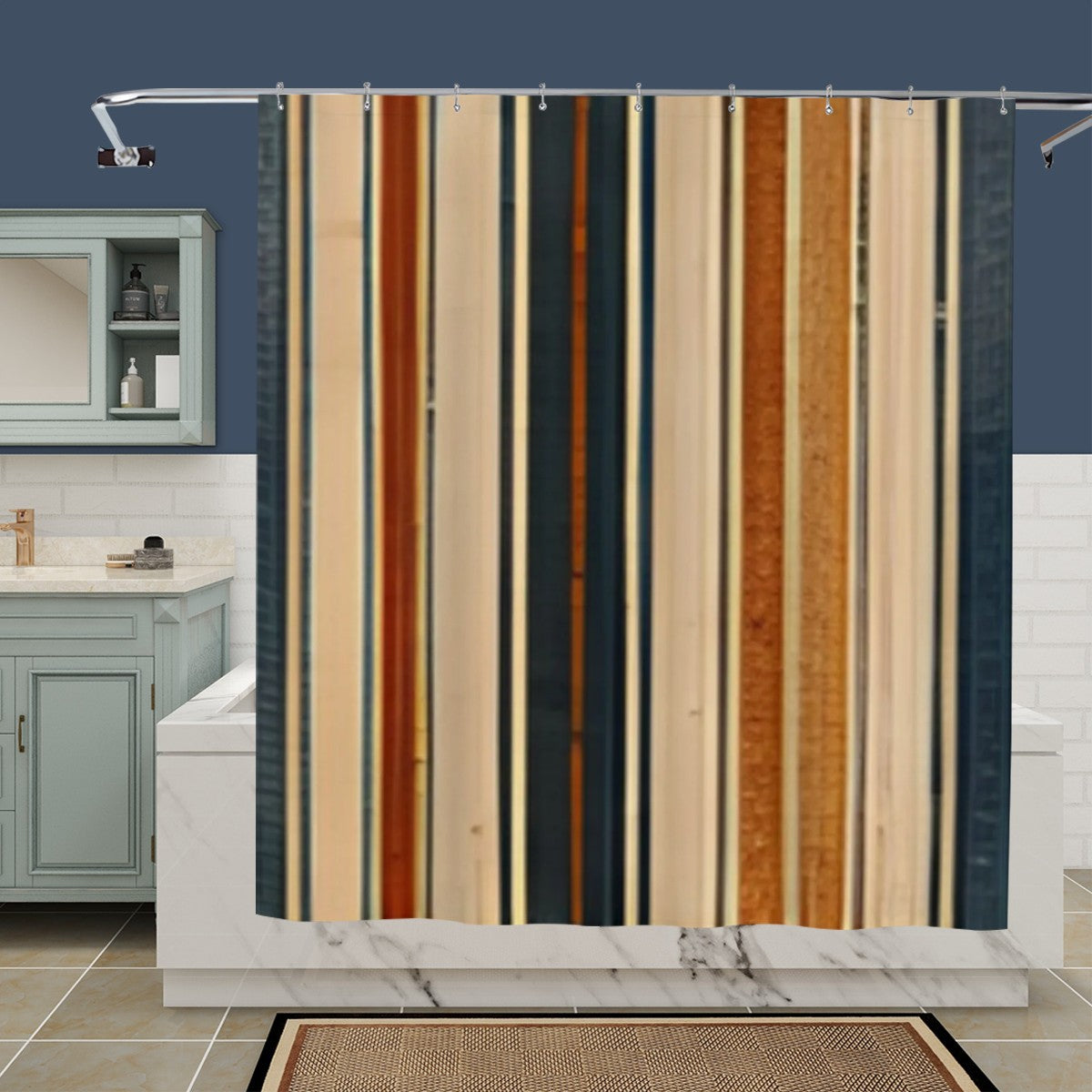 Modern vertical striped shower curtain in navy, tan, and terracotta tones in a bathroom.