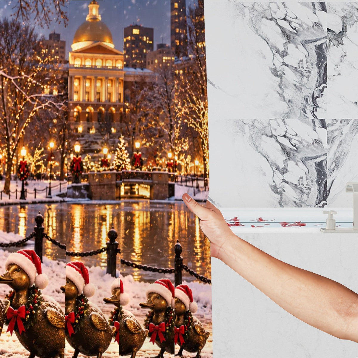 Boston Christmas Ducks Shower Curtain | Festive Winter Duck Parade