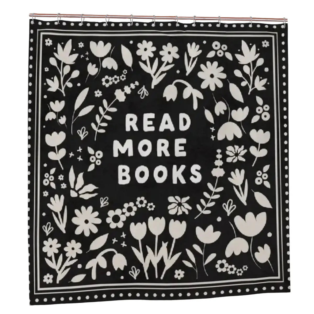 Sandy Beach Read More Books shower curtain featuring colorful book illustrations, ideal for bathroom decor
