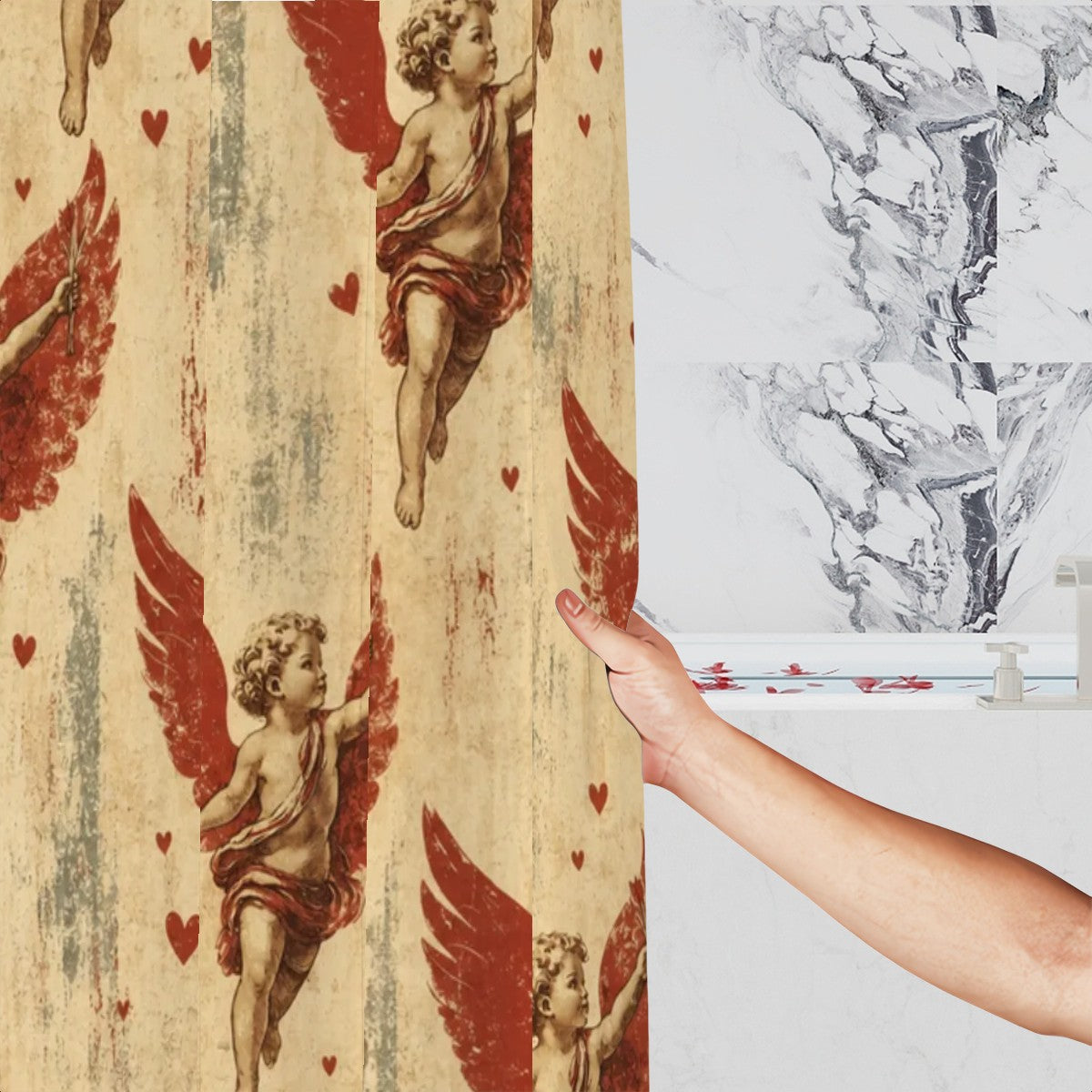 Vintage style shower curtain with red cherub angels and hearts on beige background.