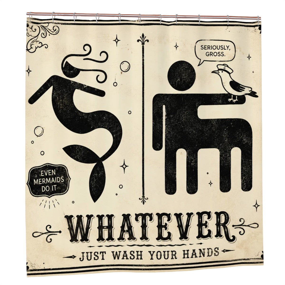 Vintage style shower curtain featuring a mermaid and bird with funny hand washing text.