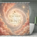Celestial galaxy shower curtain with clouds and divine connection quote.