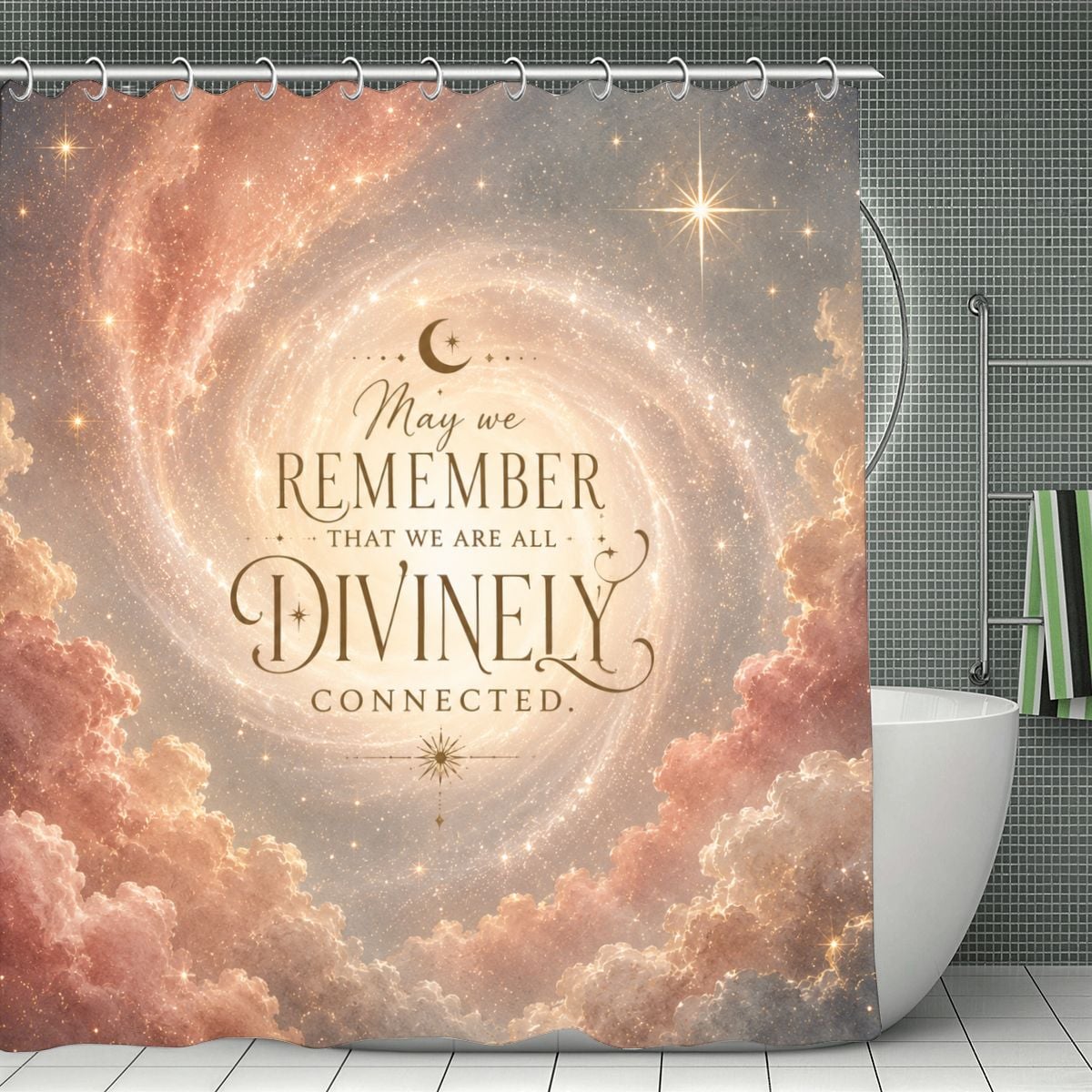 Celestial galaxy shower curtain with clouds and divine connection quote.