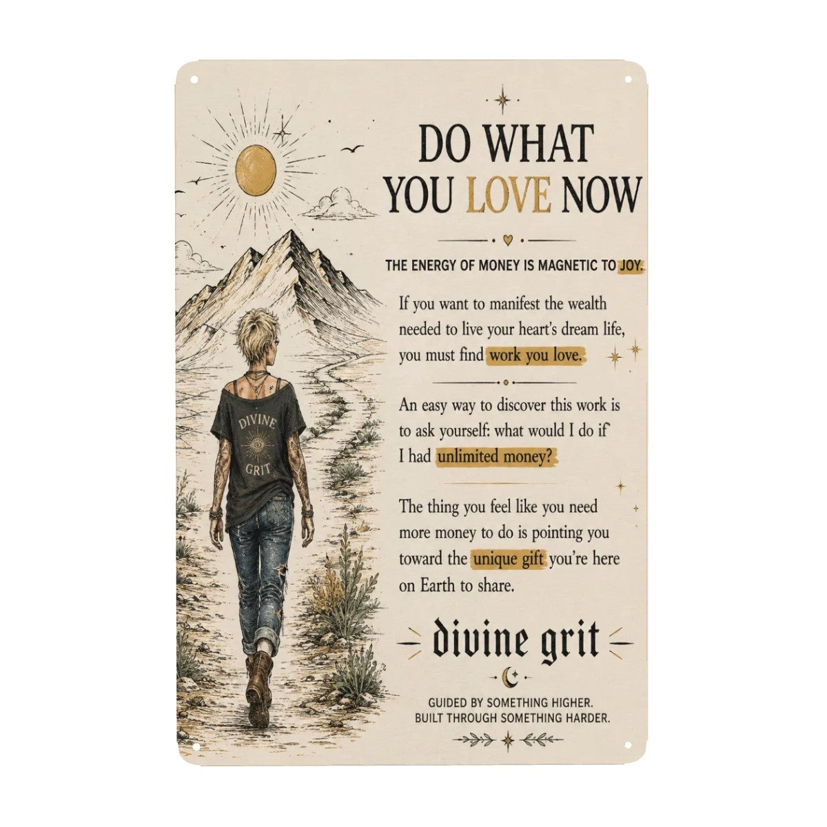 Inspirational metal sign featuring a woman walking towards mountains with motivational text.