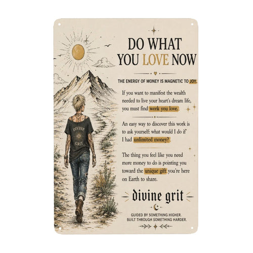Inspirational metal sign featuring a woman walking towards mountains with motivational text.