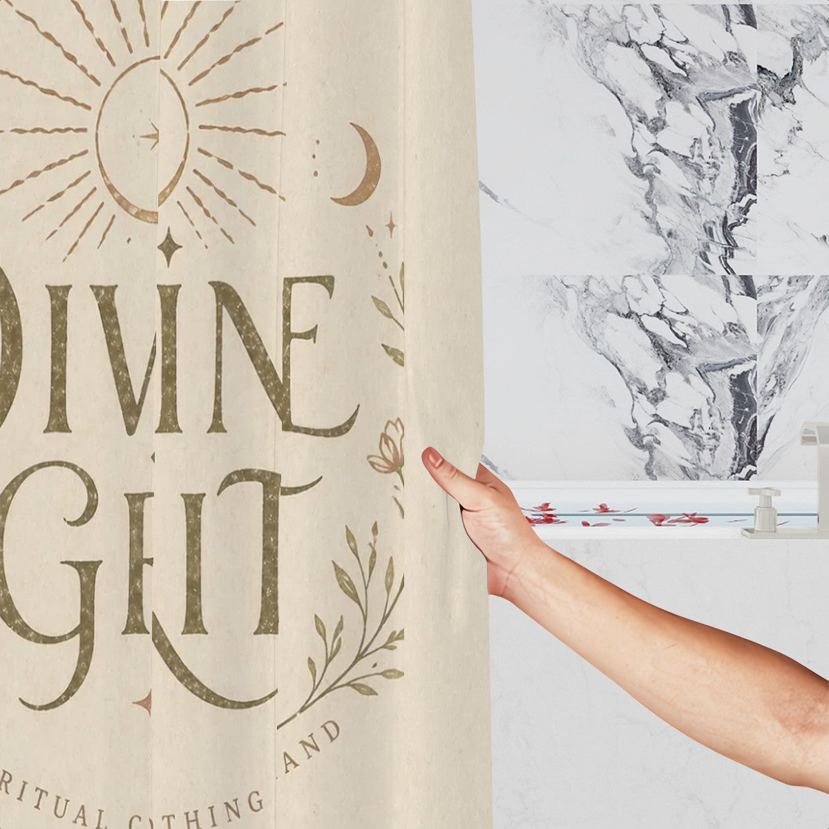Divine Grit Shower Curtain by Sandy Beach featuring spiritual strength quote and vintage mystic bathroom decor design.