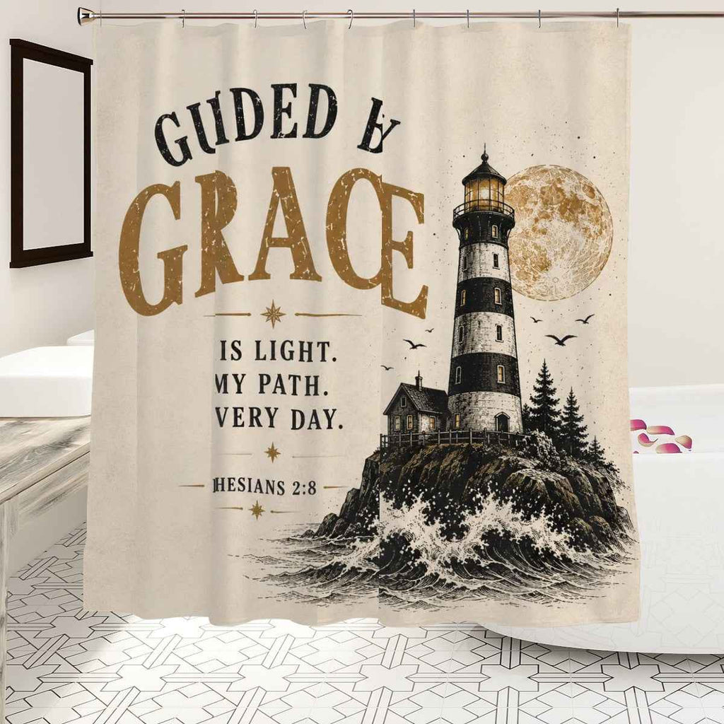 Guided by Grace Shower Curtain – Ephesians 2:8 Christian Lighthouse Bathroom Decor