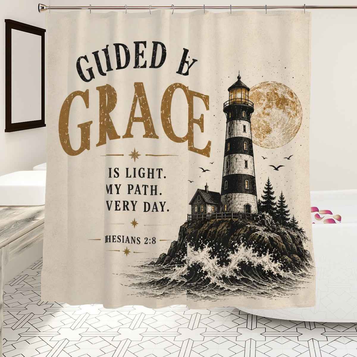 Guided by Grace Shower Curtain – Ephesians 2:8 Christian Lighthouse Bathroom Decor