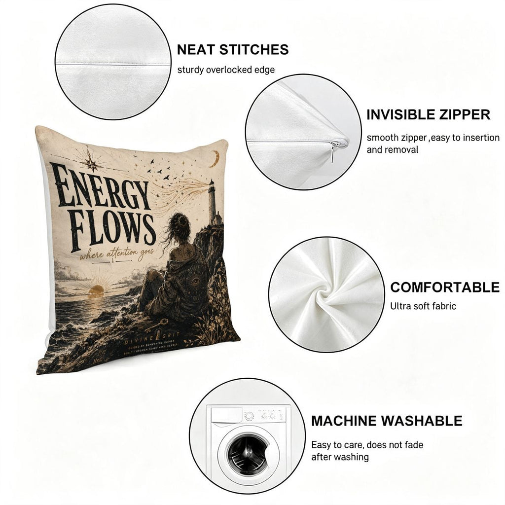 Decorative throw pillow with Energy Flows quote and lighthouse illustration, featuring soft fabric.