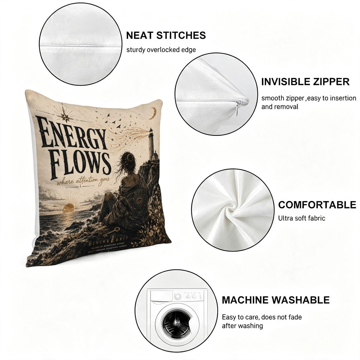 Decorative throw pillow with Energy Flows quote and lighthouse illustration, featuring soft fabric.