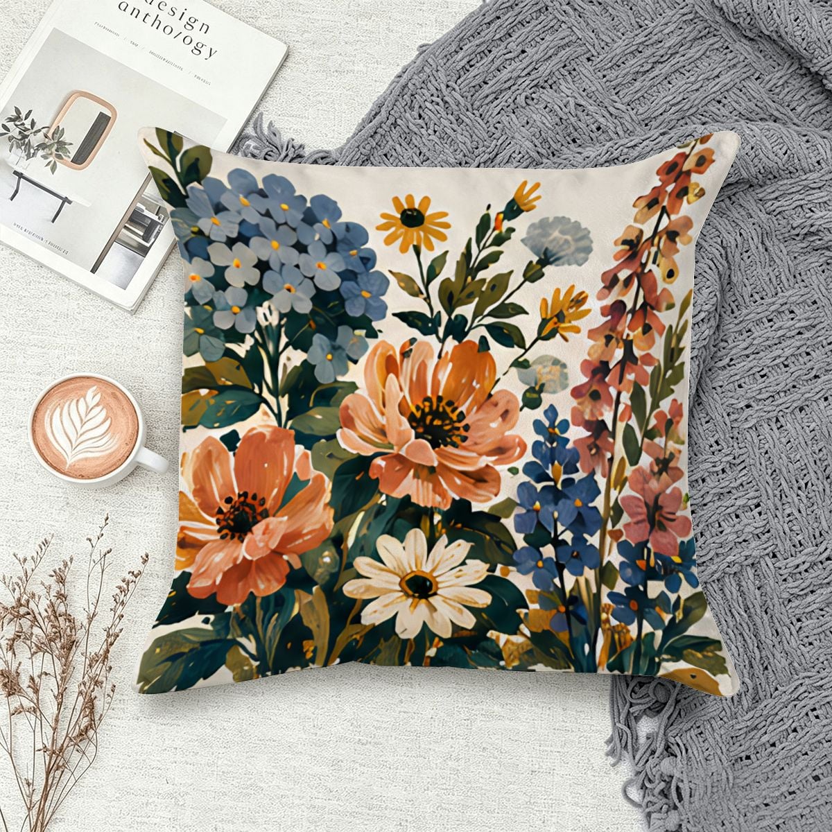 Decorative throw pillow featuring a vibrant colorful floral pattern with wildflowers.