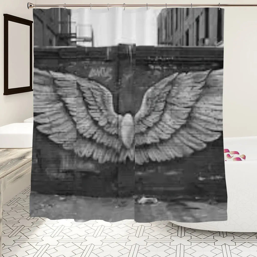 Wings mural shower curtain featuring a colorful, artistic design for bathroom decor by Sandy Beach.