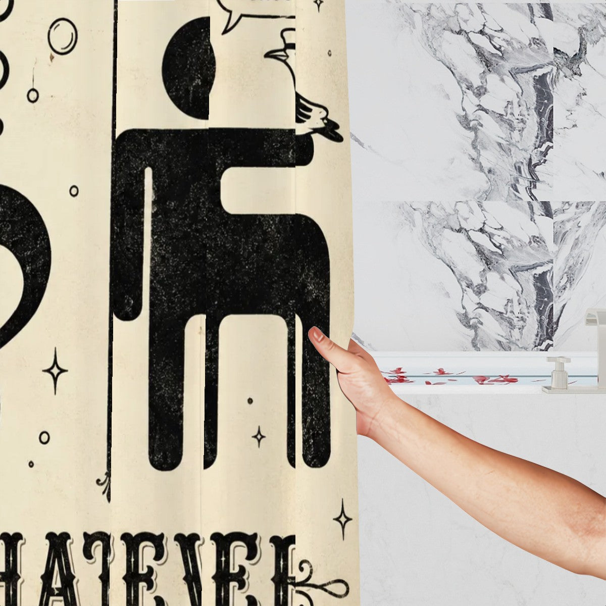 Hand holding a cream-colored shower curtain with black abstract character illustrations.