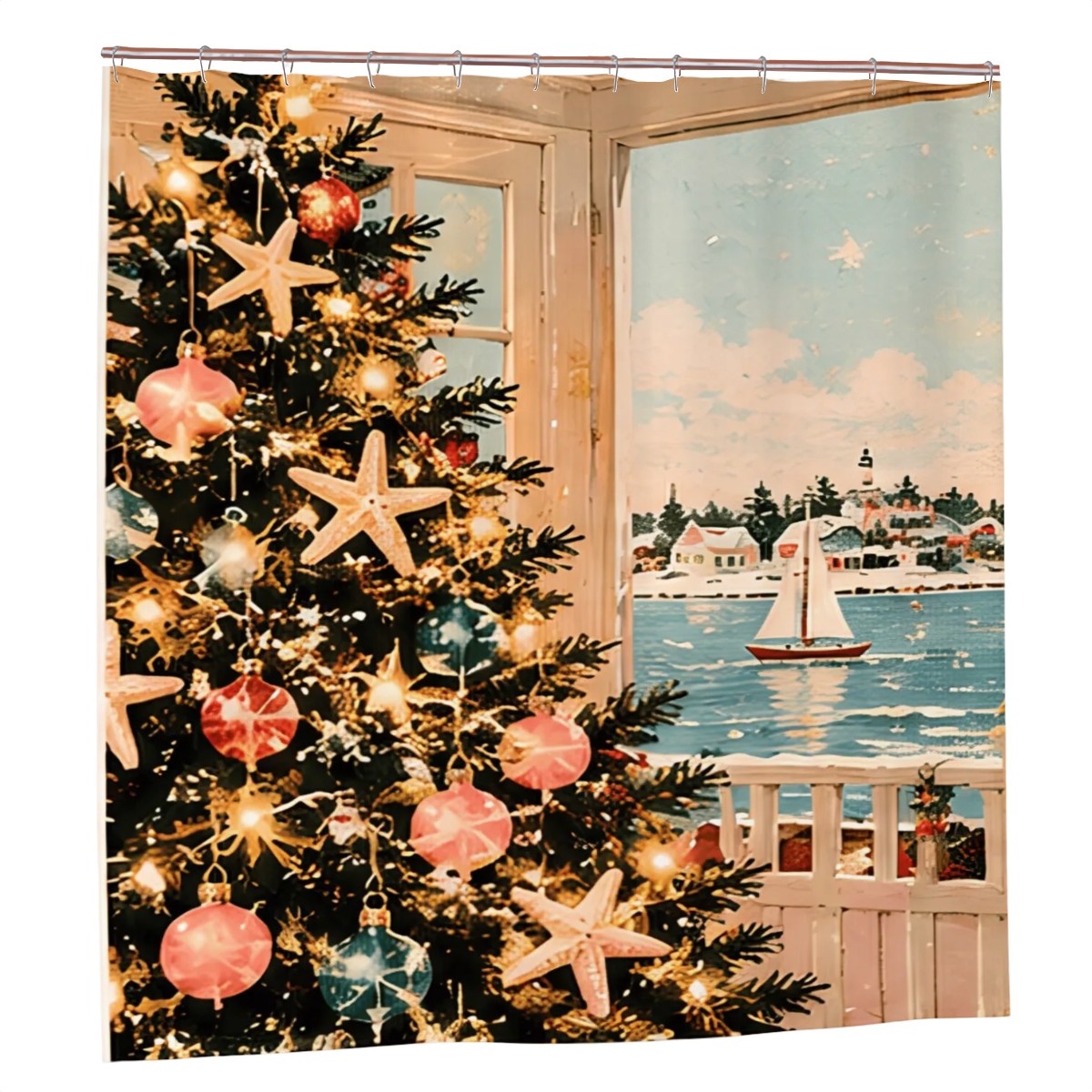 Coastal Christmas Tree Shower Curtain | Starfish Ornaments & Harbor View