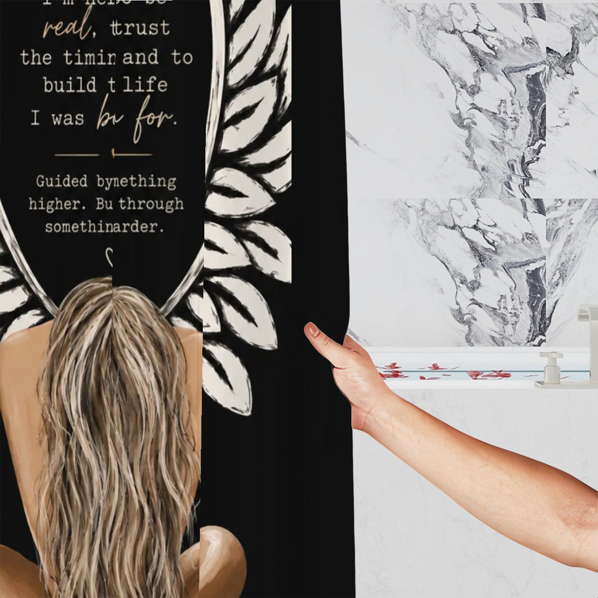 Black shower curtain with white floral design and inspirational quote in a marble bathroom.