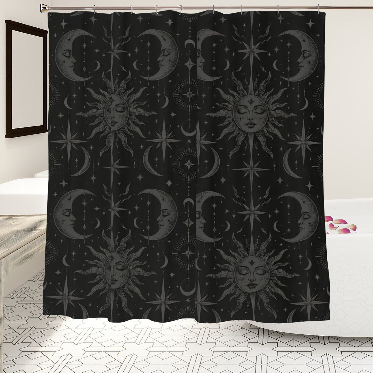 Celestial Moon Phases Shower Curtain - 72" x 72" Black Mystic Bathroom Decor