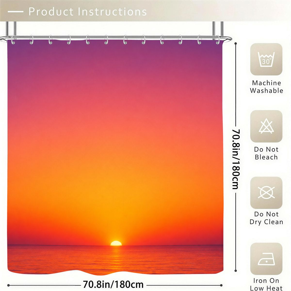 Sunset ocean landscape shower curtain with machine washable care instructions.