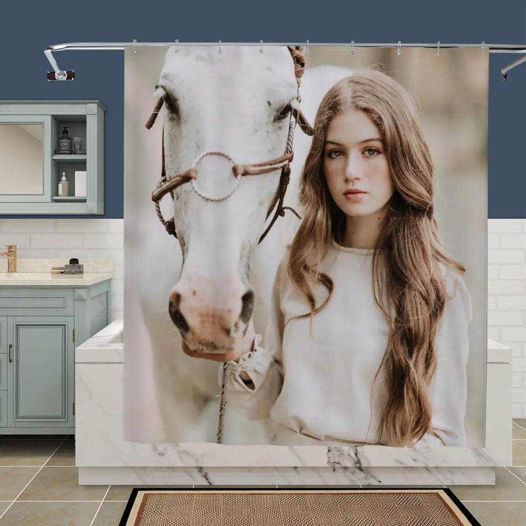 Young woman with white horse shower curtain, bathroom decor by Sandy Beach, featuring a serene scene of a woman and a white horse.