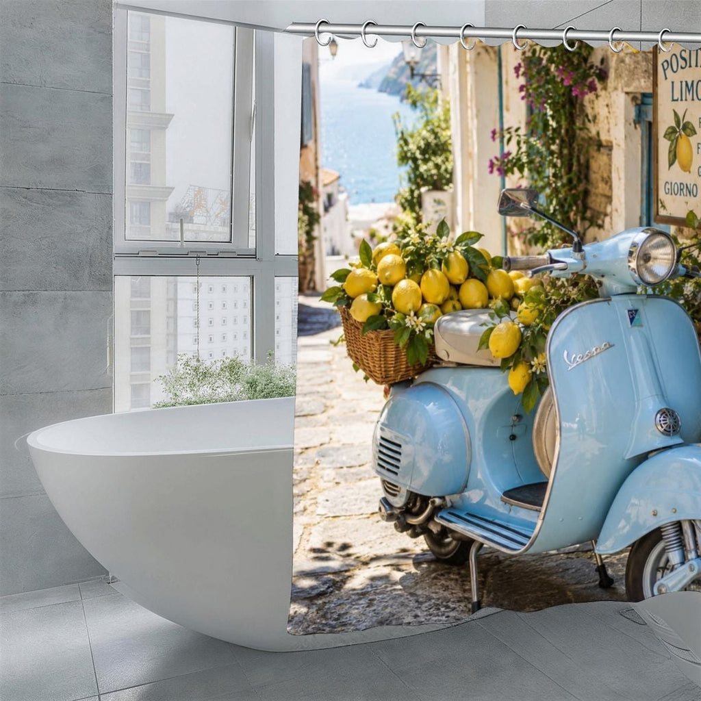 Blue vintage scooter with a basket of fresh lemons in a sunny Mediterranean coastal setting.