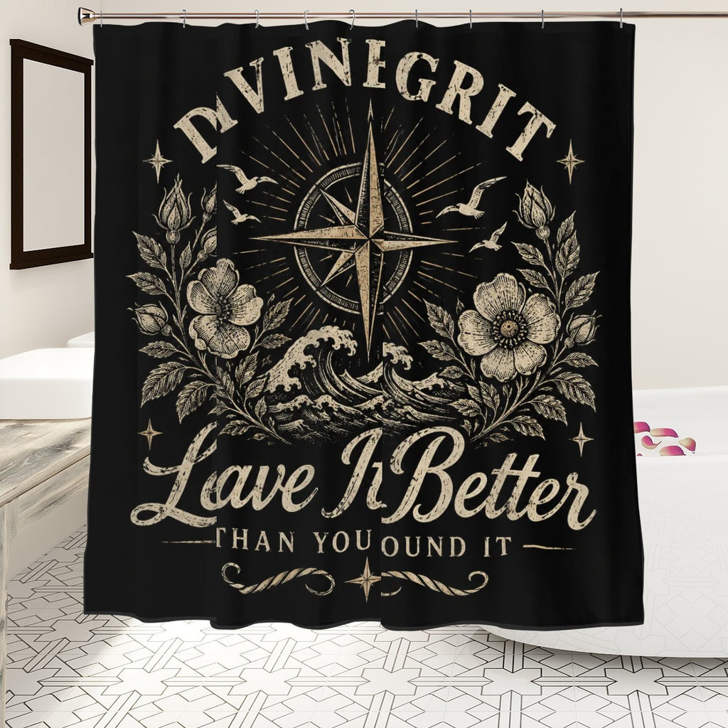 Black shower curtain with vintage compass, floral motifs, and Divine Grit text design.