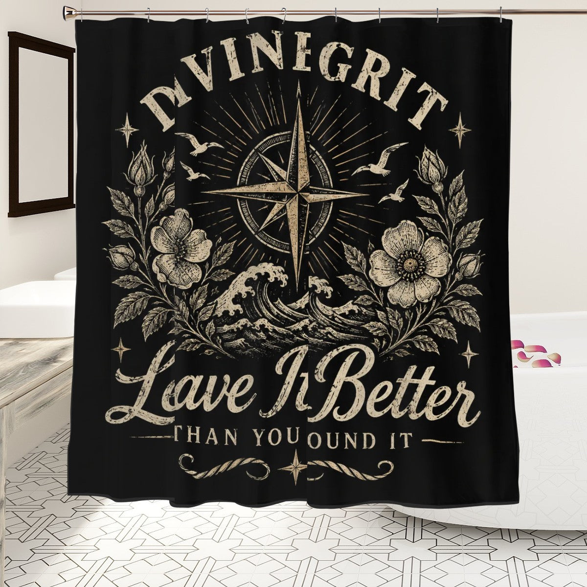 Black shower curtain with vintage compass, floral motifs, and Divine Grit text design.