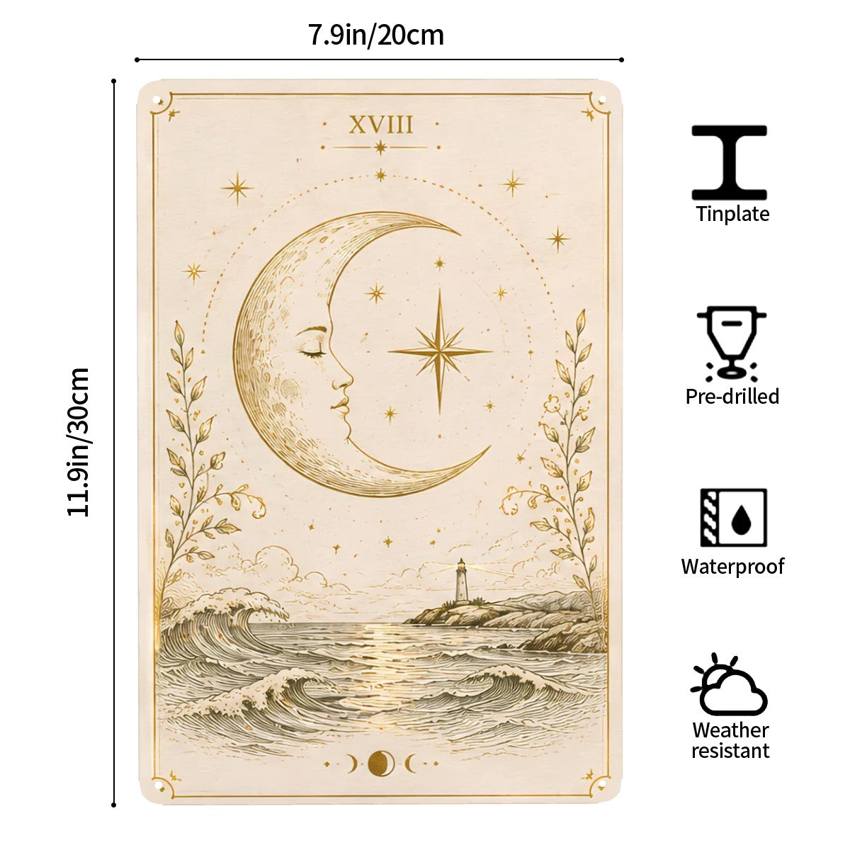 Celestial garden flag featuring a crescent moon face, stars, and ocean waves in gold line art.