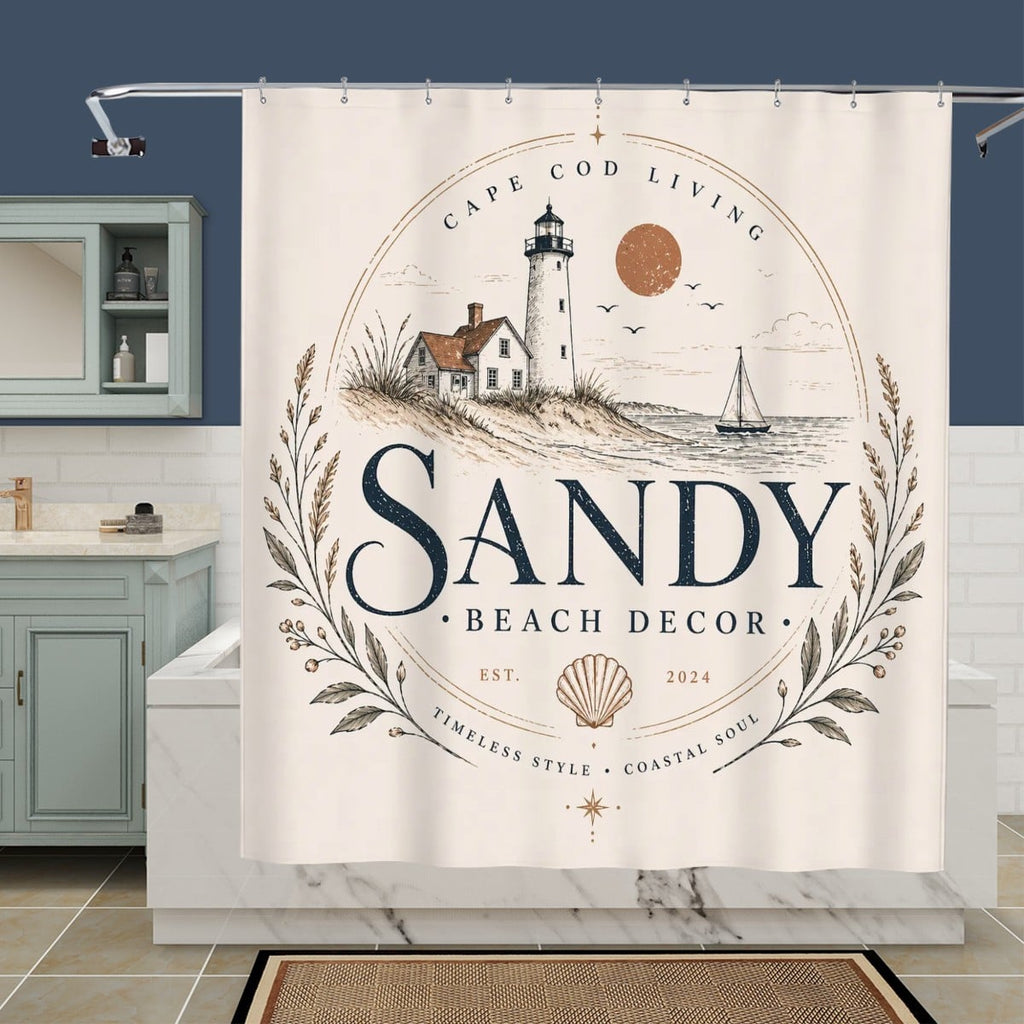 Sandy Beach bathroom decor shower curtain featuring a vibrant beach scene with seashells and ocean waves.