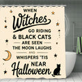 Halloween shower curtain with black cat and witch theme text on cream background