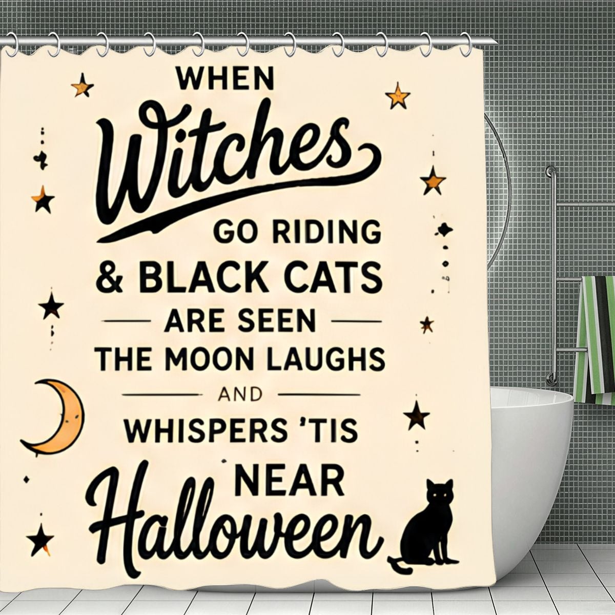 Halloween shower curtain with black cat and witch theme text on cream background