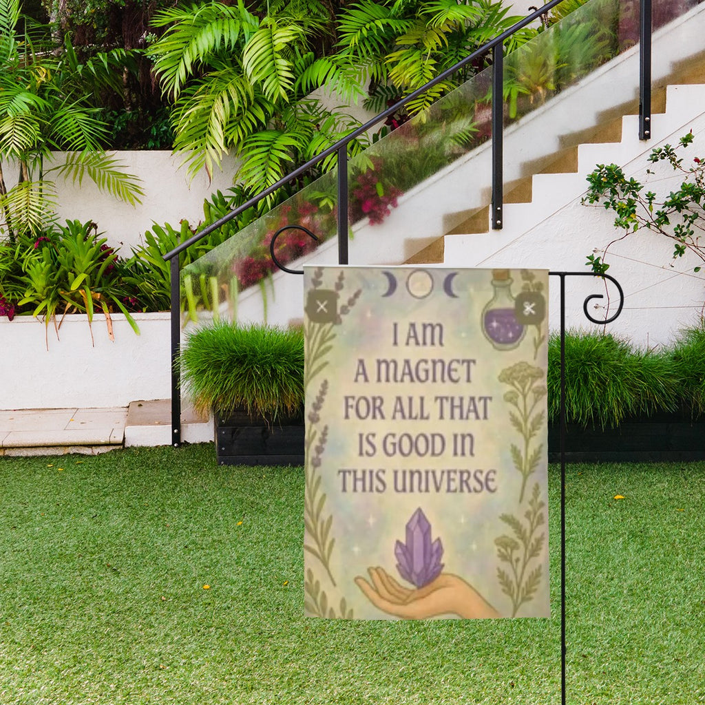 Sandy Beach garden decor flag reading "I Am A Magnet For All That Is Good" with vibrant colors and decorative design.
