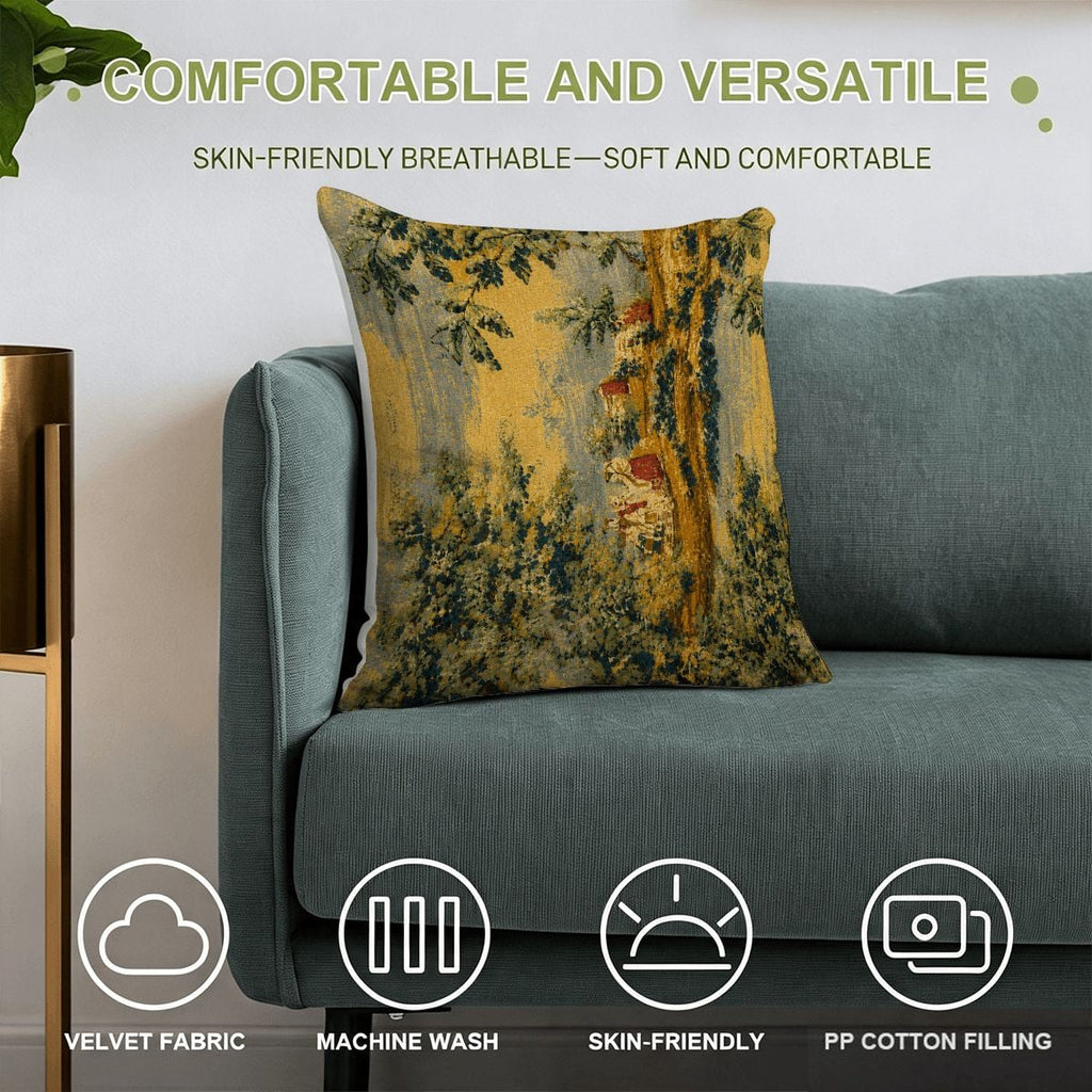 Landscape print velvet throw pillow on a teal sofa with machine washable fabric.