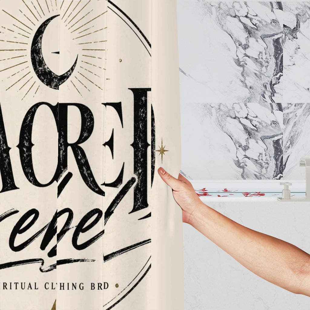 Sacred Rebel minimal logo shower curtain by Sandy Beach, modern spiritual bathroom decor with neutral tones and sleek design.