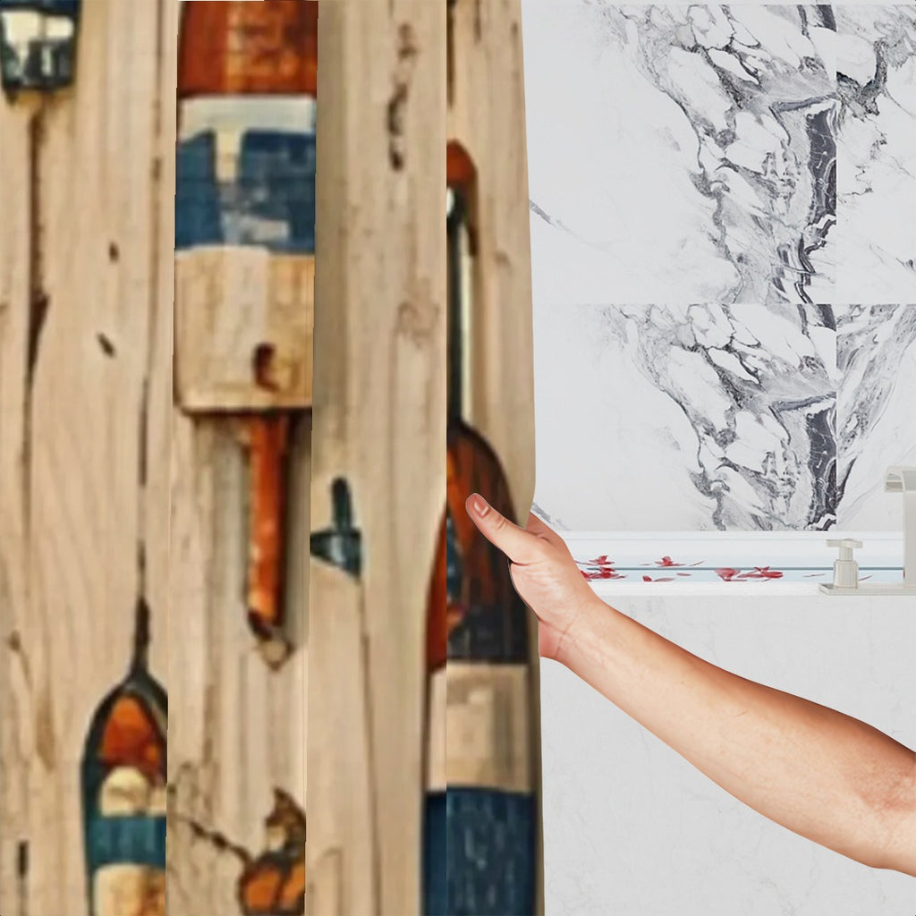 Hand pointing to a marble pattern shower curtain design with artistic bottle prints.