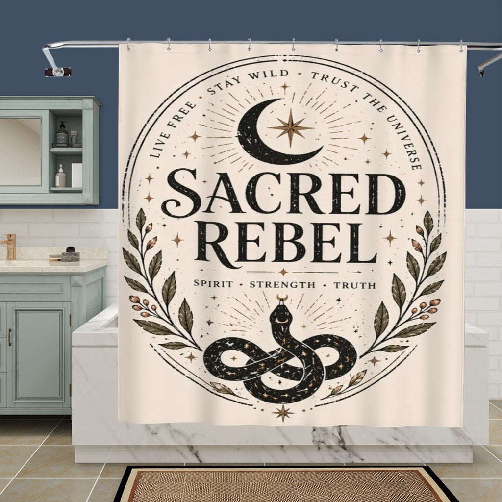 Sandy Beach bathroom decor shower curtain with ocean and beach scene, hanging in a modern bathroom setting.