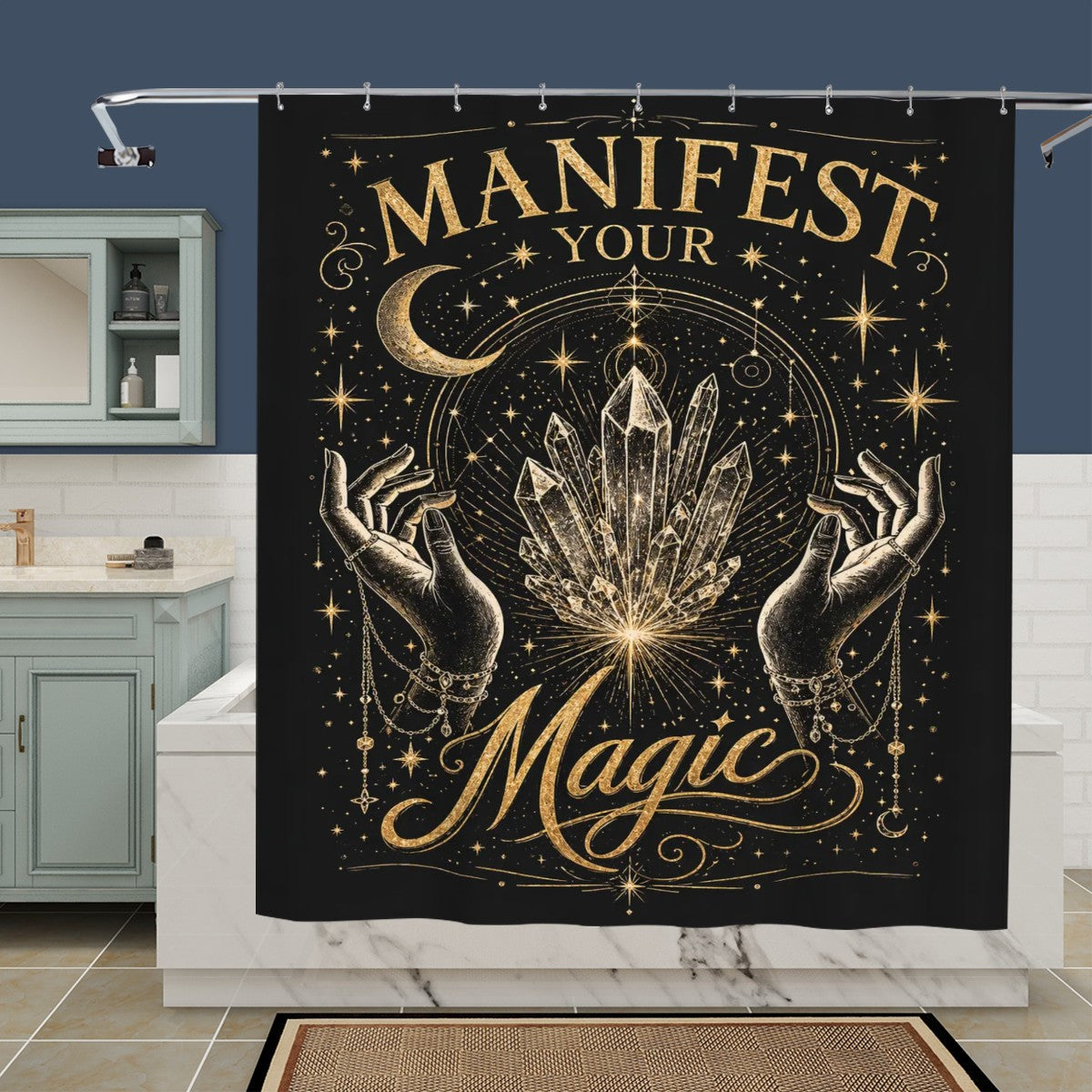 Sandy Beach bathroom decor shower curtain with ocean-inspired design hanging in a modern bathroom.