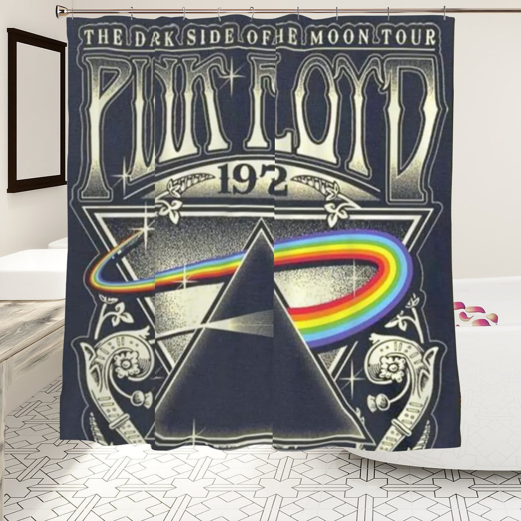 Pink Floyd Dark Side prism shower curtain by Sandy Beach, featuring colorful geometric design for bathroom decor.