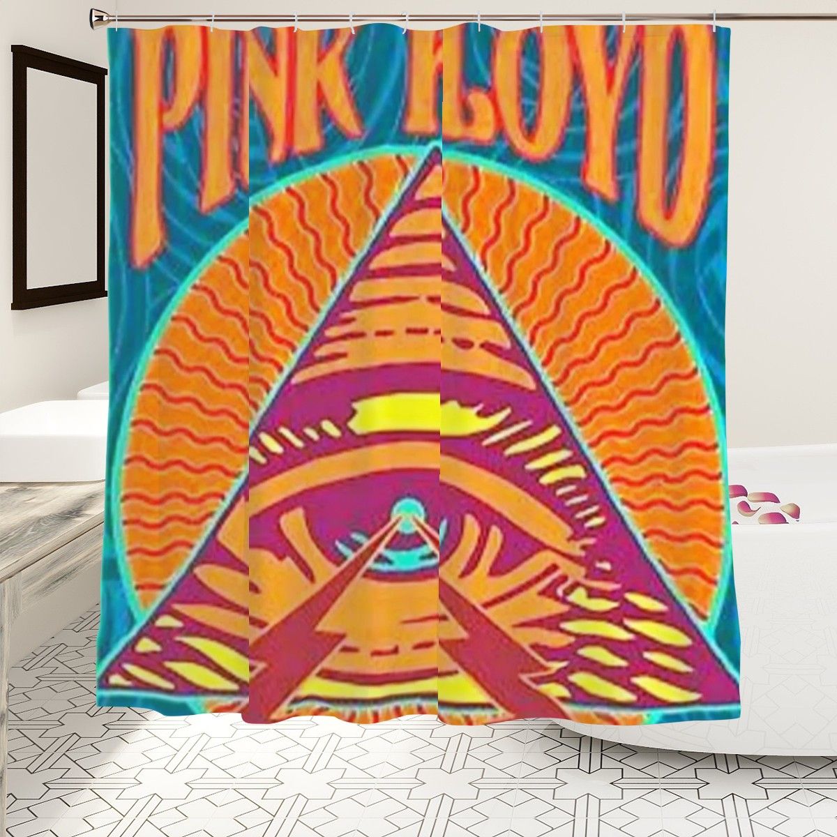 Colorful psychedelic prism design on Sandy Beach bathroom decor eye shower curtain hanging in a bathroom.