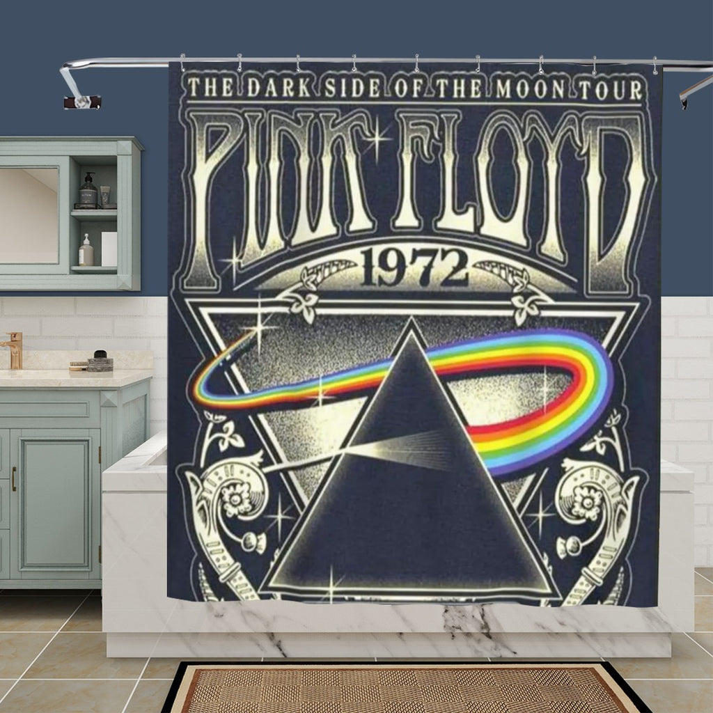 Pink Floyd Dark Side prism shower curtain by Sandy Beach featuring vibrant geometric design for bathroom decor.