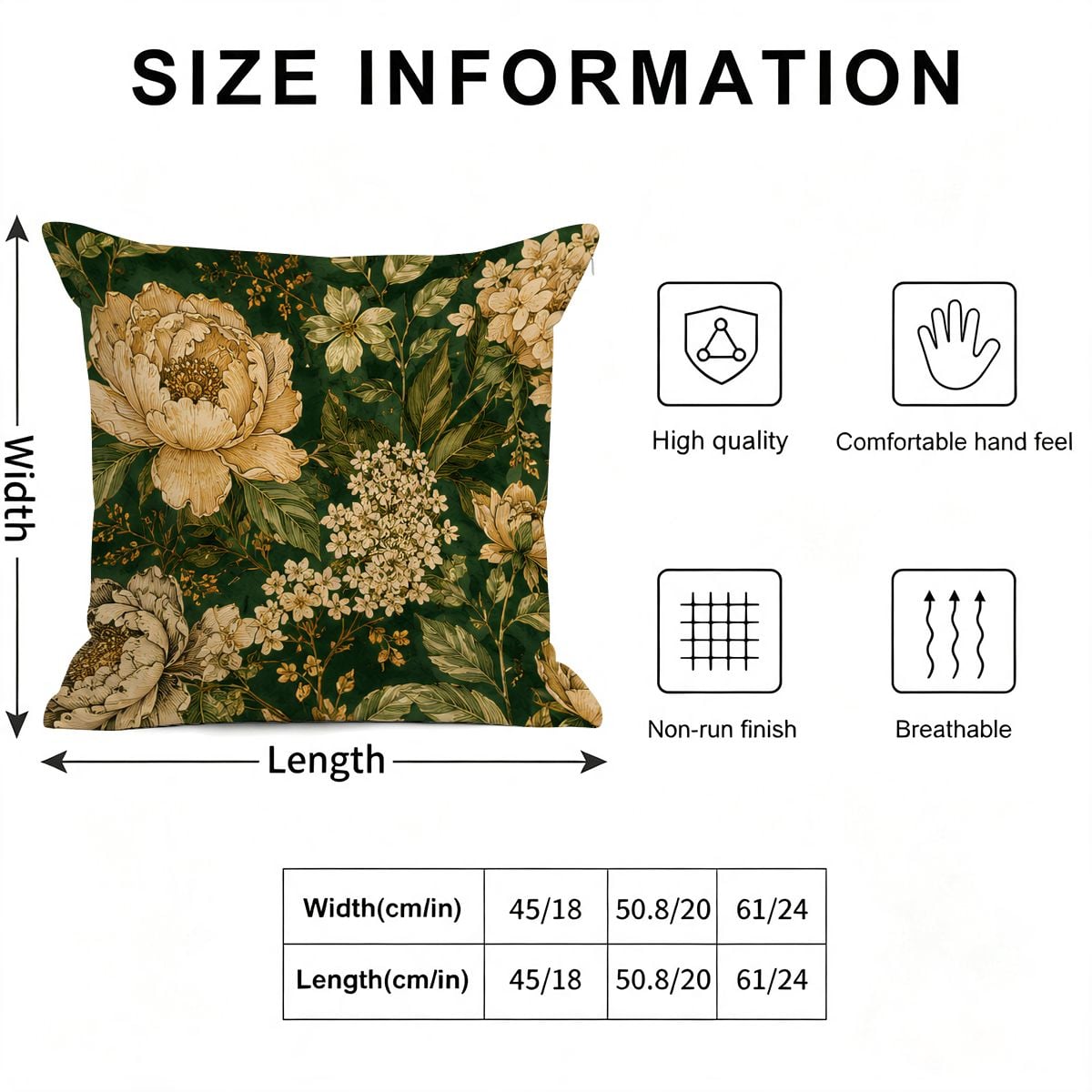 Floral print decorative throw pillow with size information chart and quality features.