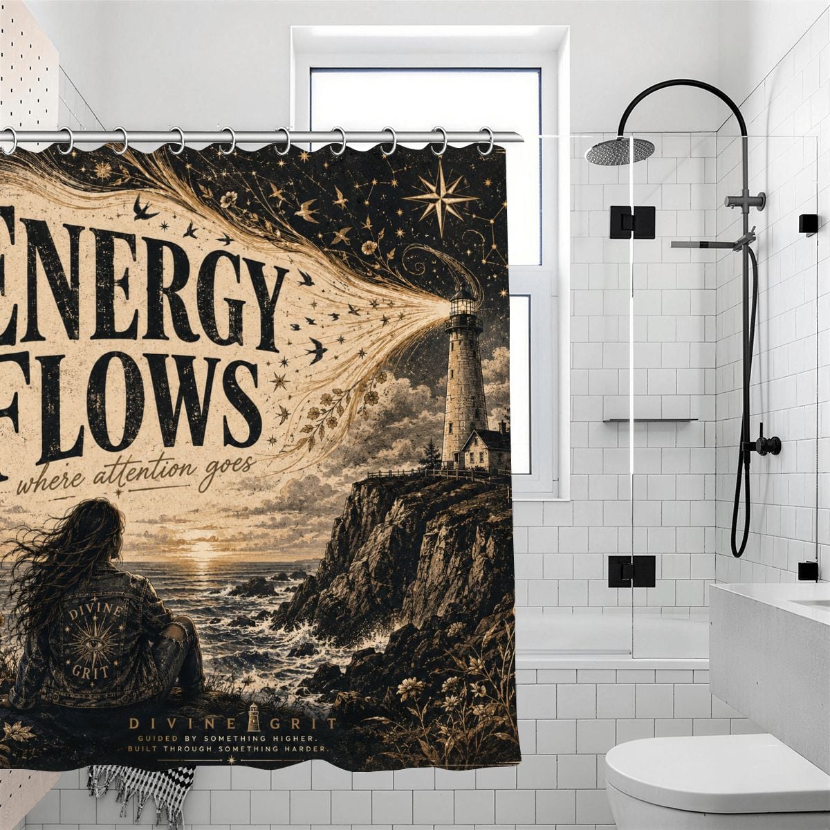 Vintage style shower curtain featuring a lighthouse and inspirational quote about energy flow.