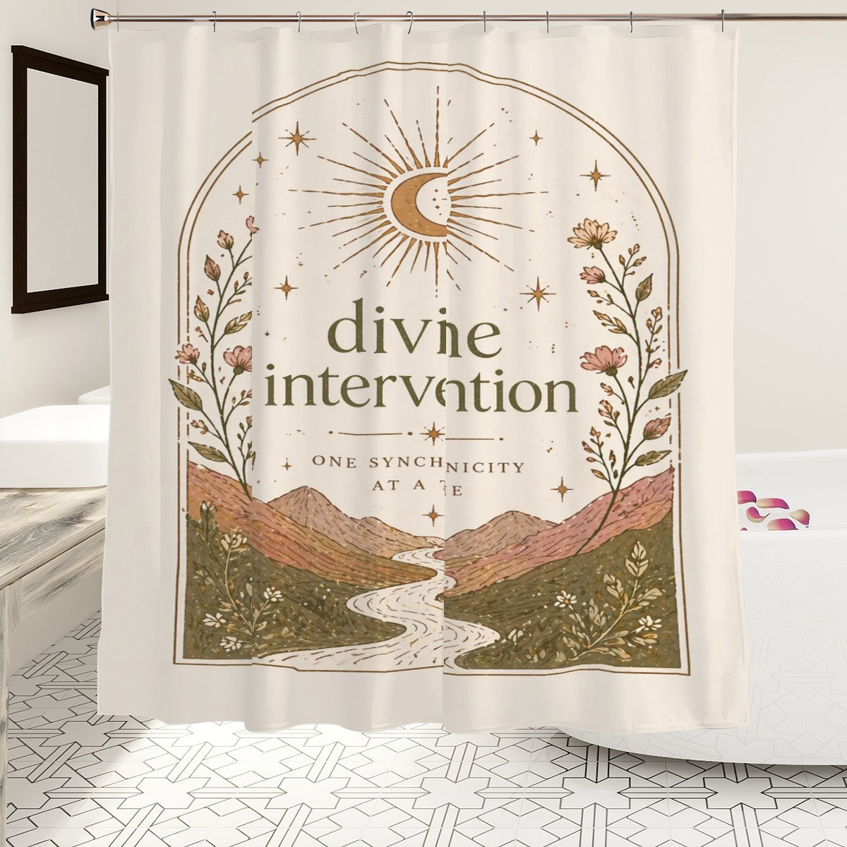 Divine Path shower curtain with celestial landscape design, featuring spiritual nature imagery for bathroom decor by Sandy Beach.