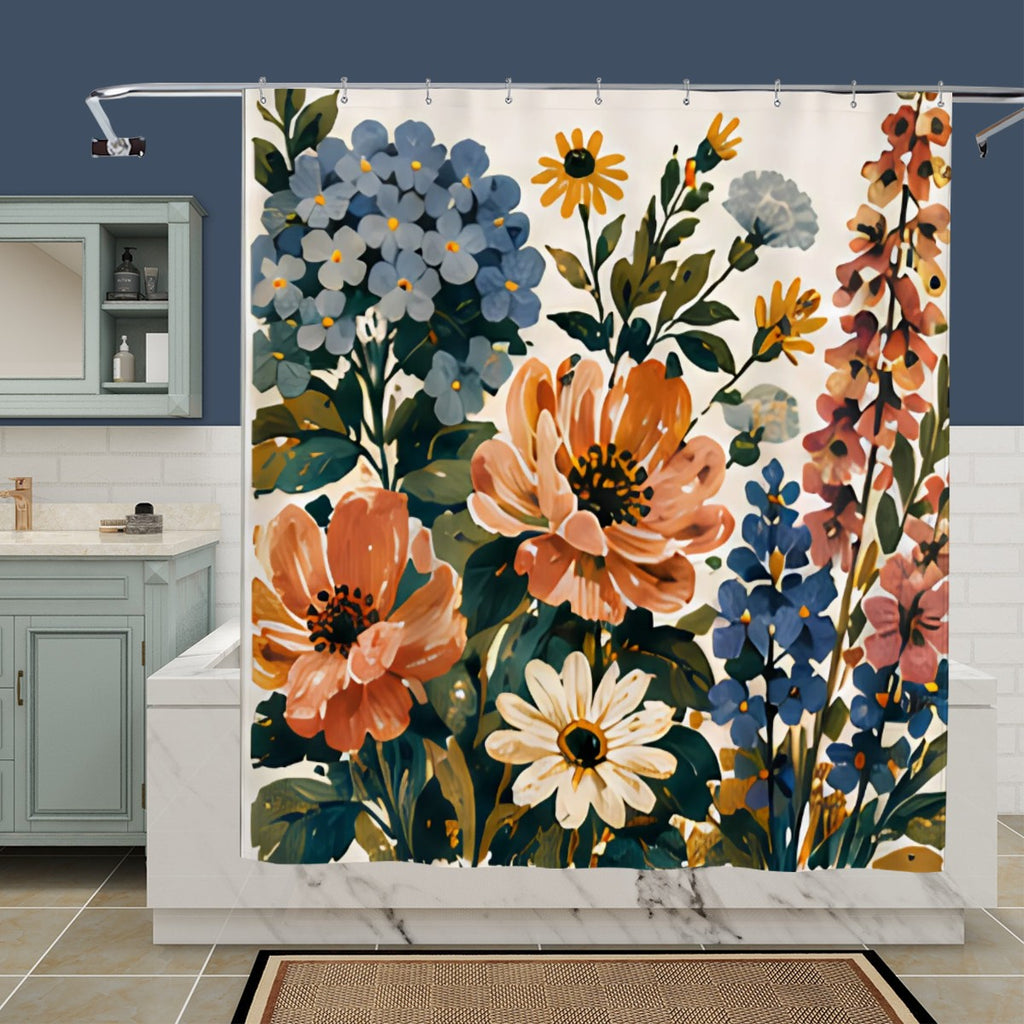 Floral shower curtain with large orange, blue, and white flowers on a white background