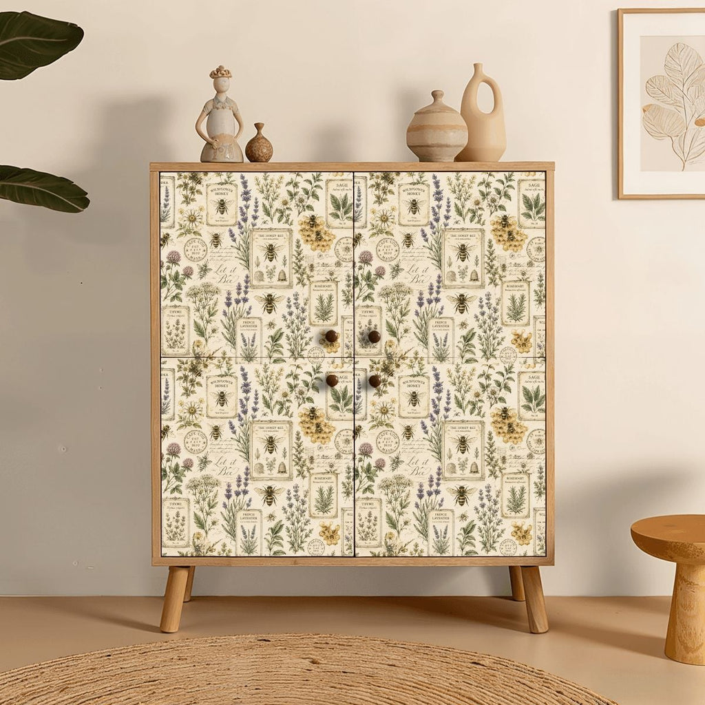 Vintage botanical patterned cabinet with bee and wildflower illustrations in a neutral room.