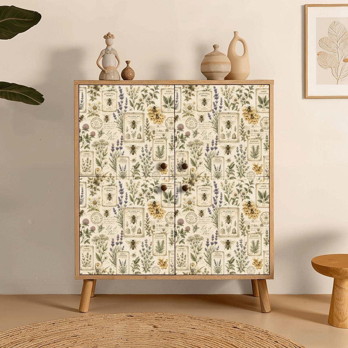 Vintage botanical patterned cabinet with bee and wildflower illustrations in a neutral room.
