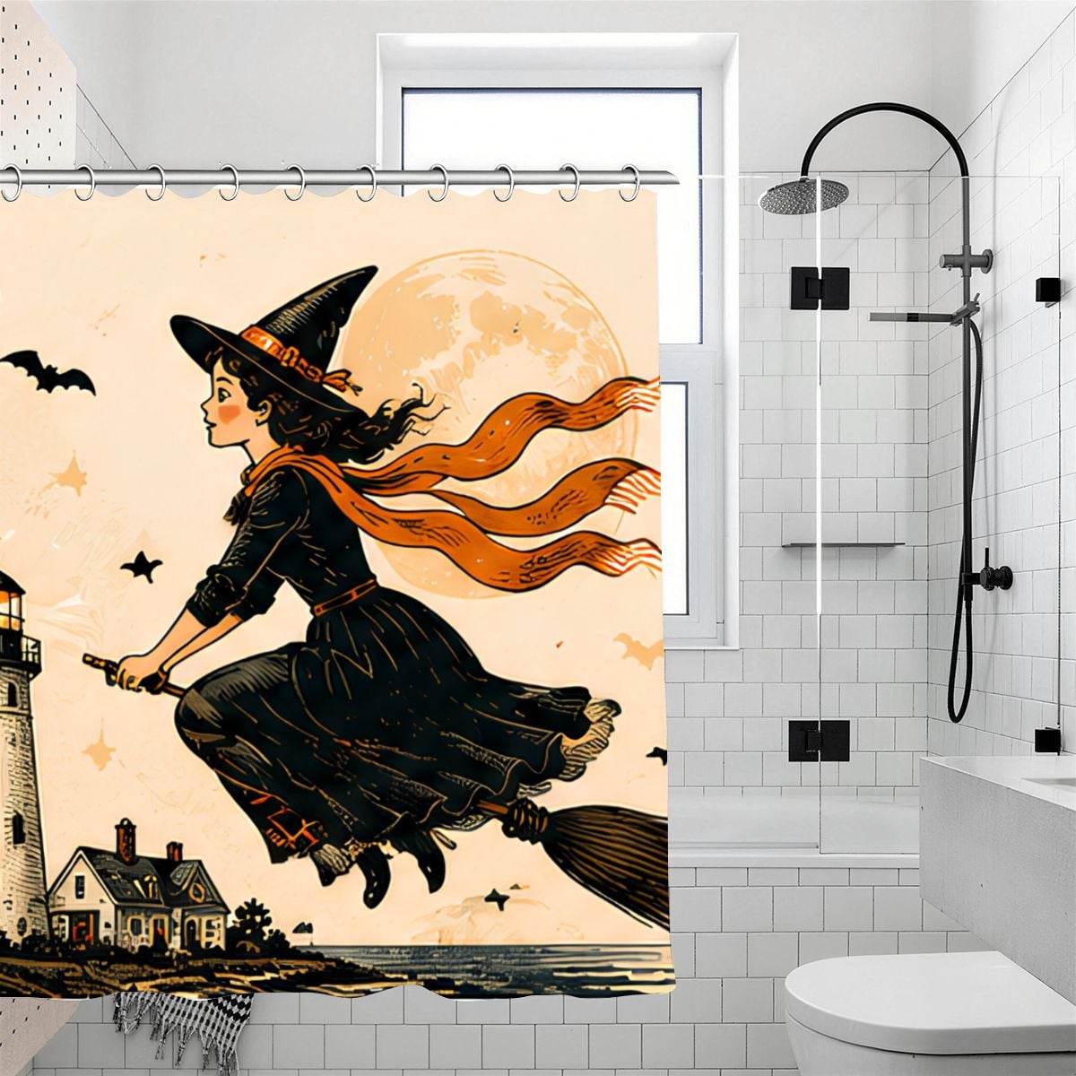 Vintage style witch flying on a broomstick across a full moon shower curtain.