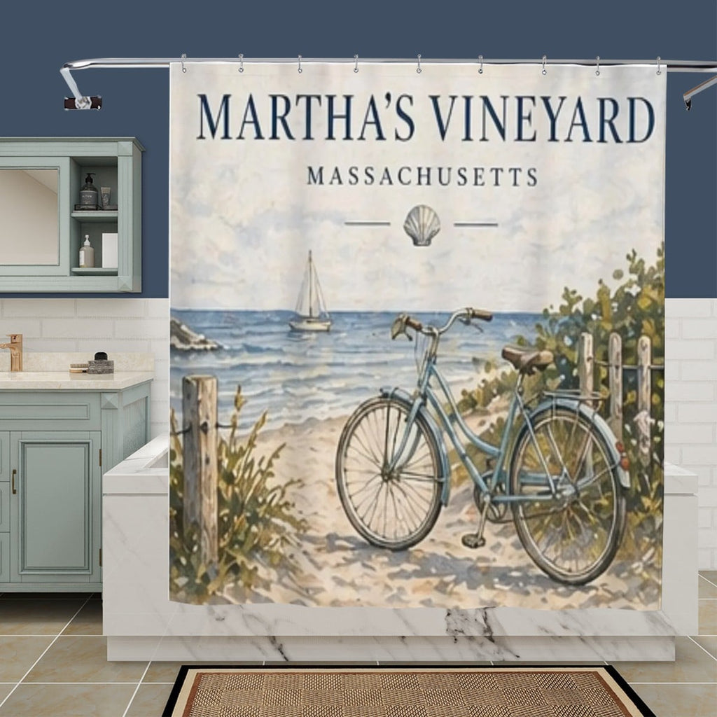 Sandy Beach bathroom decor shower curtain with a coastal beach scene, featuring waves and sandy shore details.