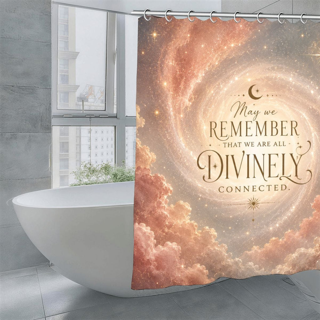 Galaxy themed shower curtain with cosmic clouds and divine connection quote.