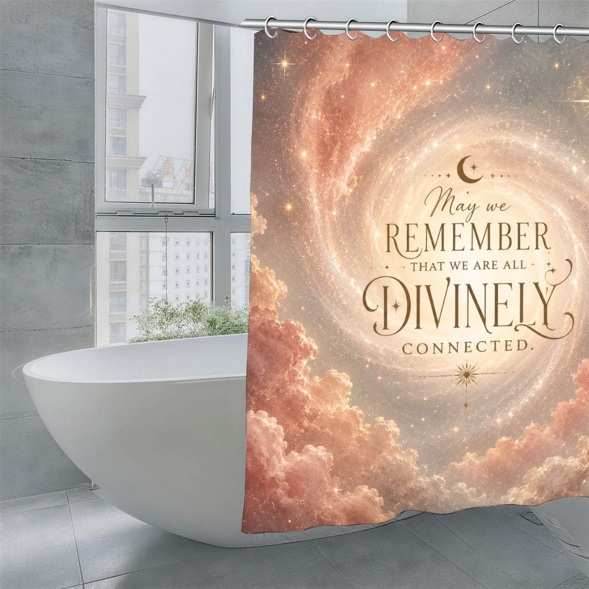 Galaxy themed shower curtain with cosmic clouds and divine connection quote.