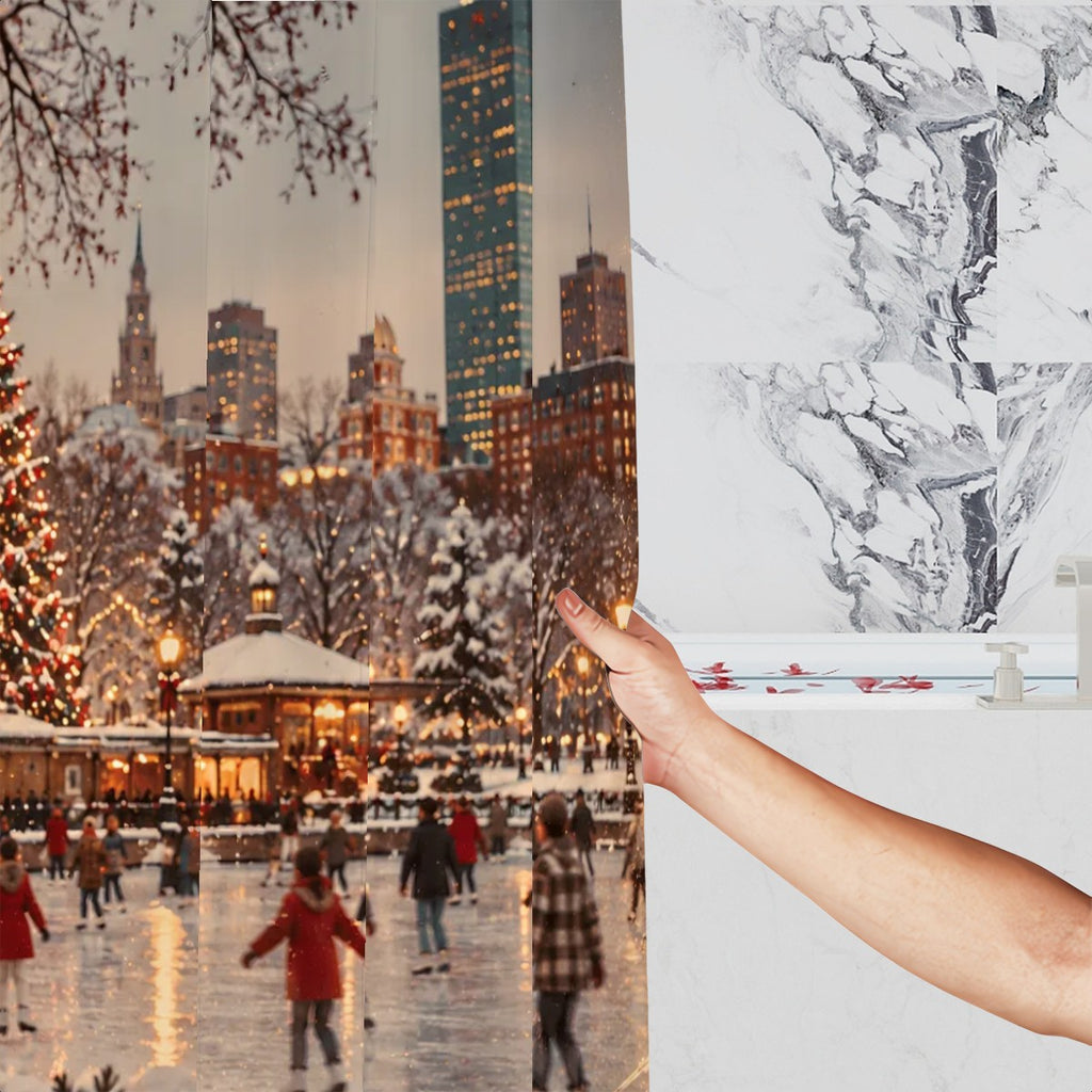 Boston Frog Pond Christmas Shower Curtain | Winter Ice Skating Scene